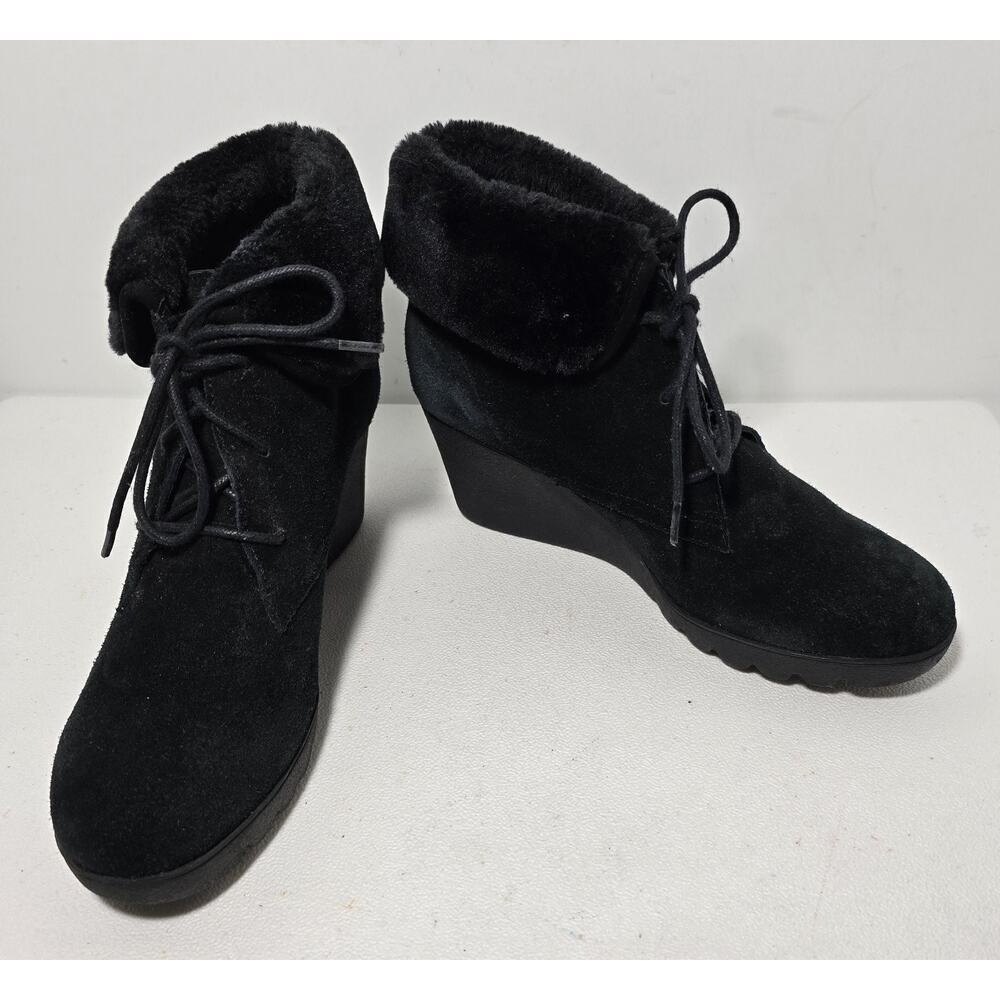 Women's Donald J Pliner Maxxi Wedge Heeled Boots Black Suede Faux Fur Edge Sz 8